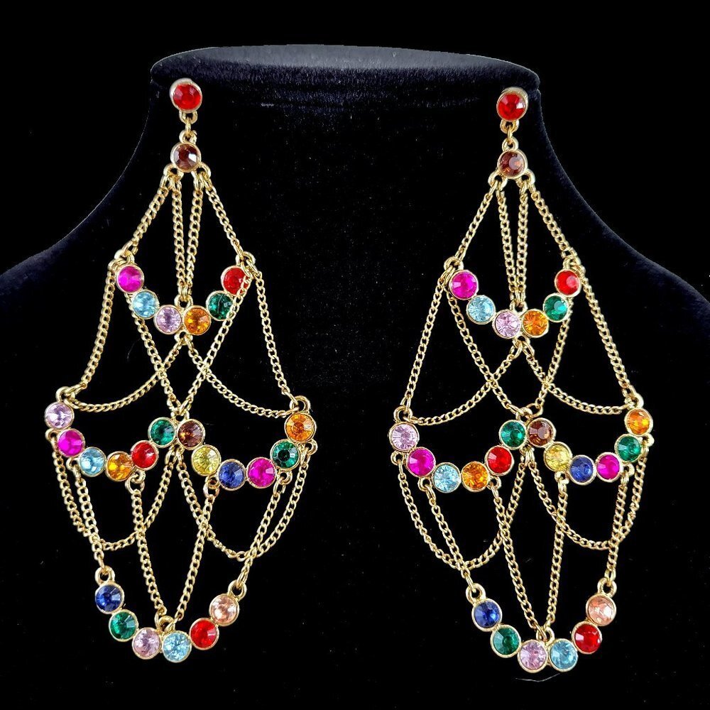 Gold Tone Chandelier Earrings with Multicolor Gems